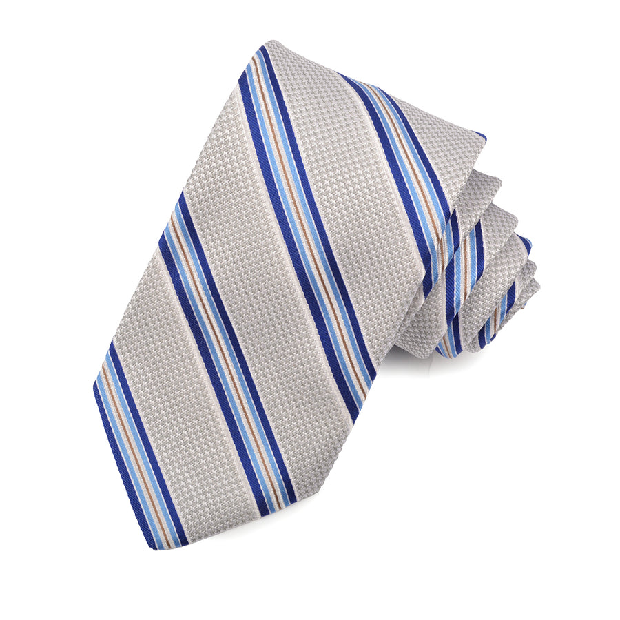 Silver, Royal, Powder Blue, and Sand Houndstooth Satin Rep Stripe Woven Silk Jacquard Tie by Dion Neckwear