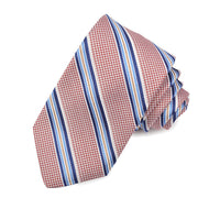 Red, Marine Blue, and Camel Houndstooth Satin Rep Stripe Woven Silk Jacquard Tie by Dion Neckwear