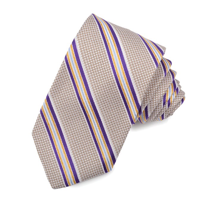 Sand, Purple, and Gold Houndstooth Satin Rep Stripe Woven Silk Jacquard Tie by Dion Neckwear