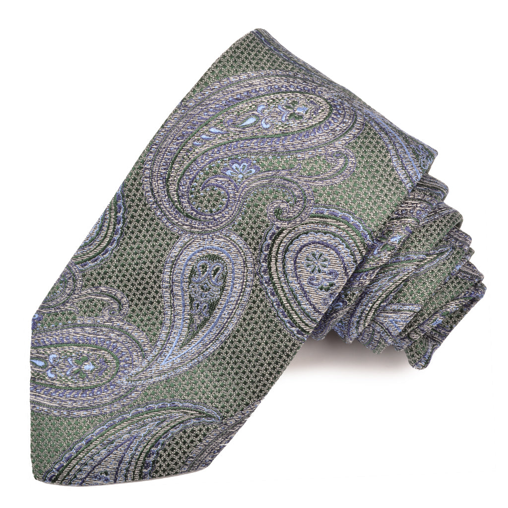 Green, Silver, and French Blue Mélange Paisley Woven Italian Silk Jacquard Tie by Dion Neckwear