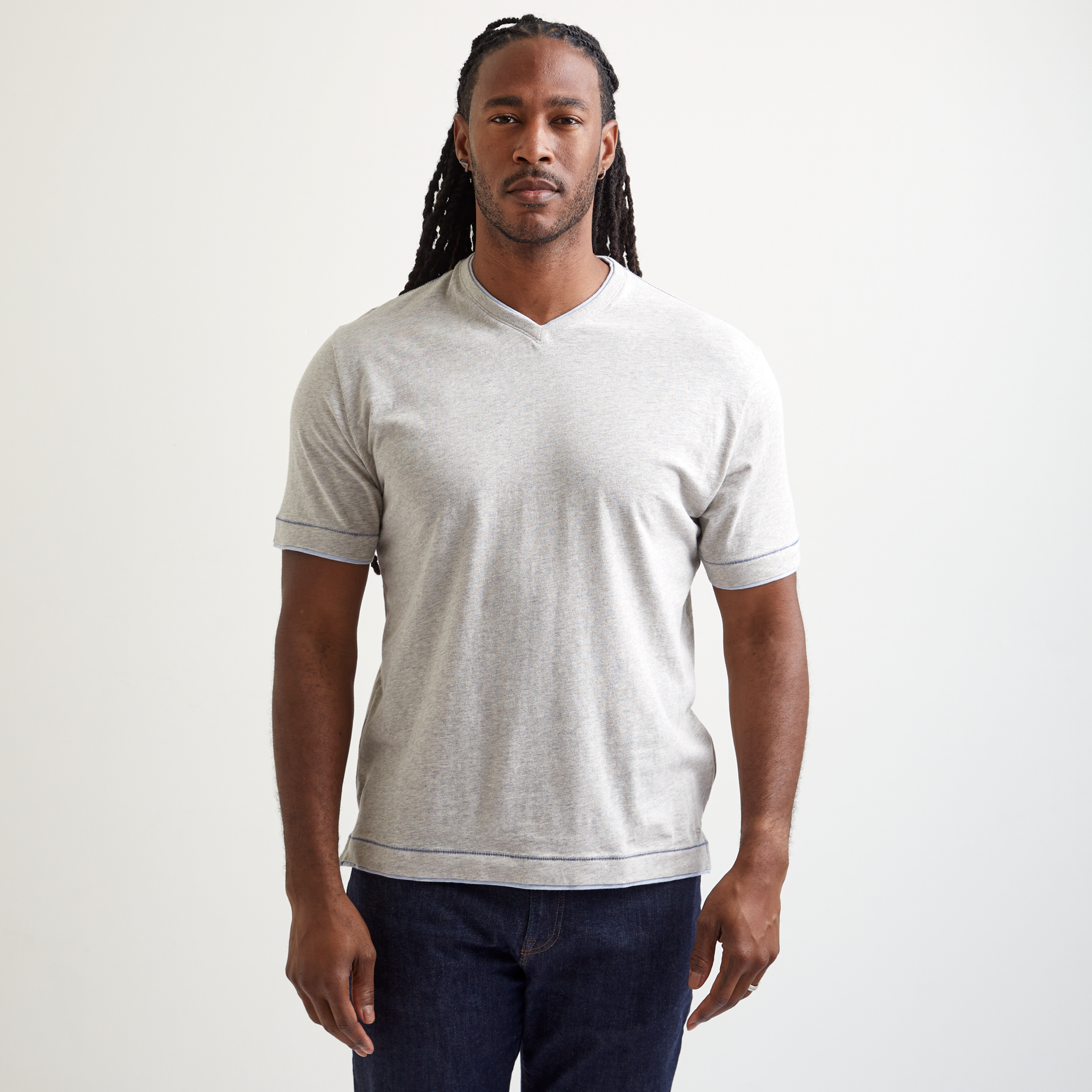 County Line Layered Effect High V-Neck Tee Shirt in Pearl Mélange by Left Coast Tee