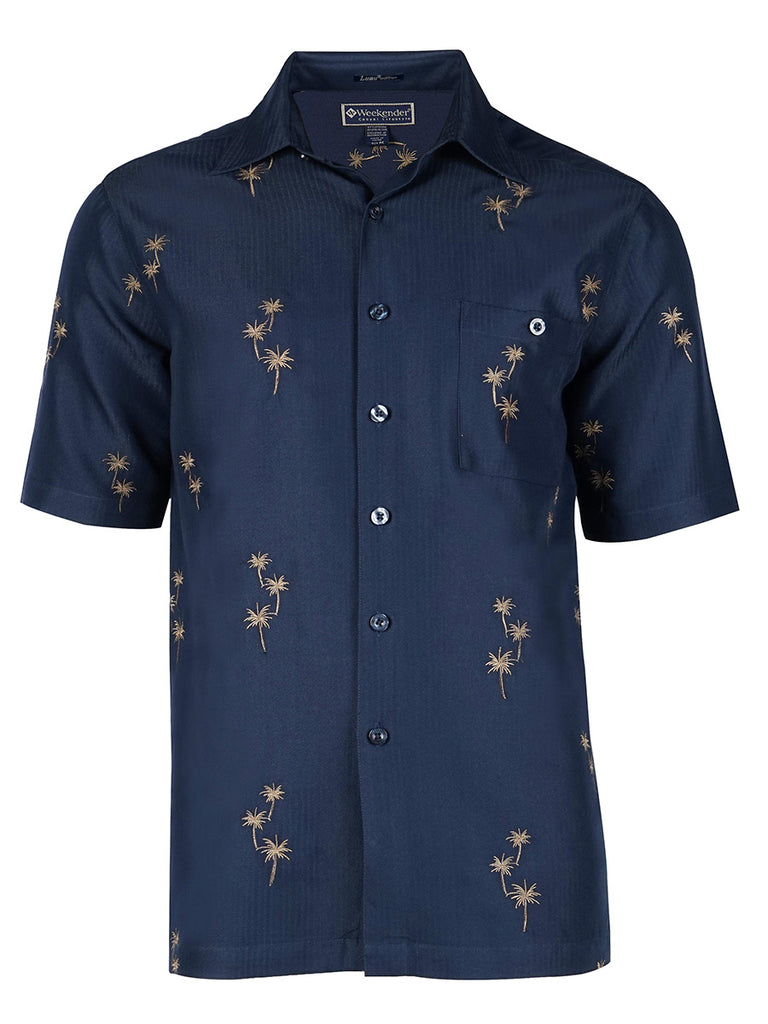 Palm Grove Embroidered Short Sleeve Resort Hawaiian Shirt in Navy by Weekender