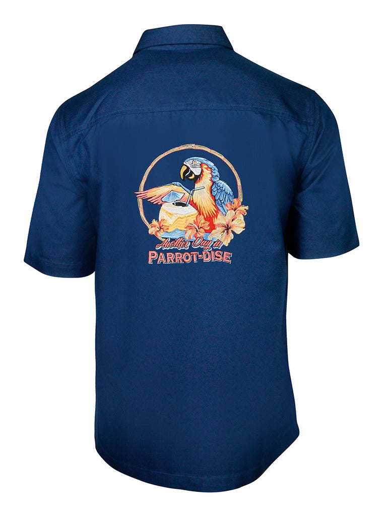 'Parrot-Dise' Embroidered Short Sleeve Resort Hawaiian Shirt in Deep Blue by Weekender