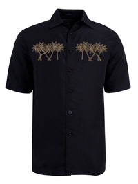 'Palm Road' Palm Tree Embroidered Short Sleeve Resort Hawaiian Shirt in Black by Weekender