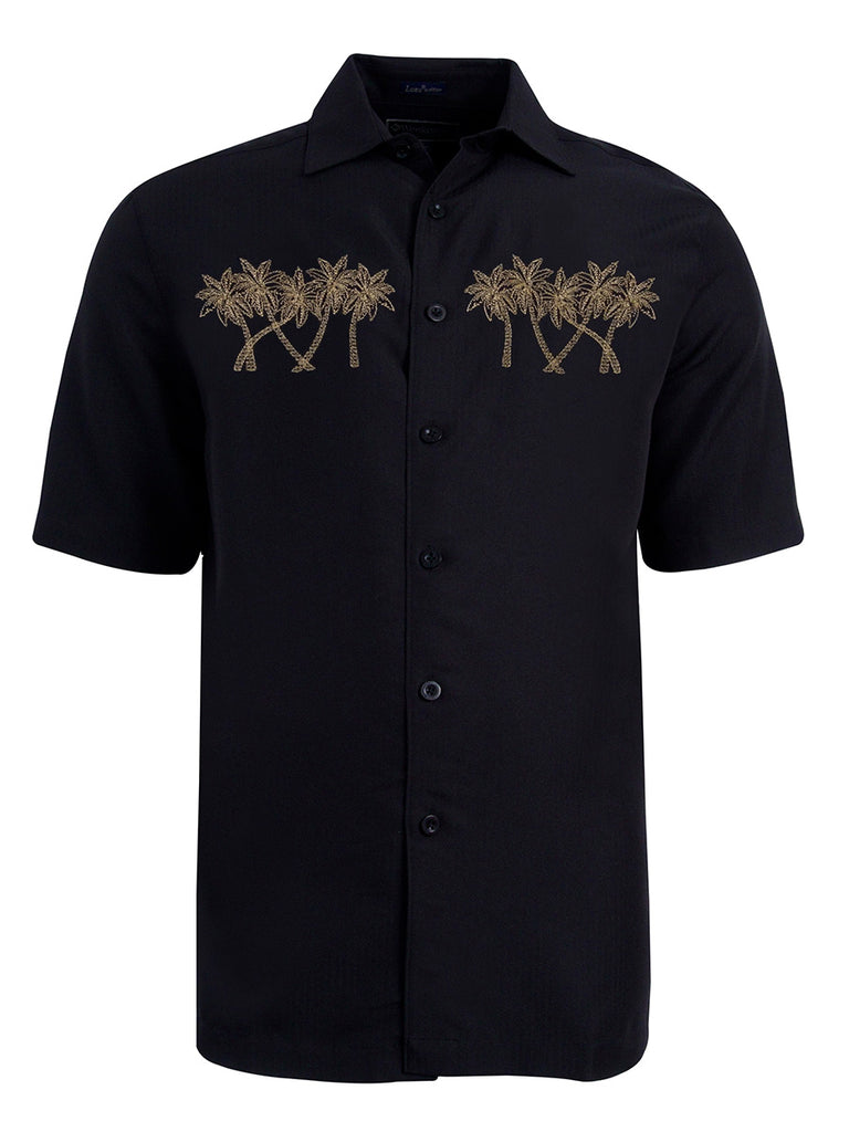 'Palm Road' Palm Tree Embroidered Short Sleeve Resort Hawaiian Shirt in Black by Weekender