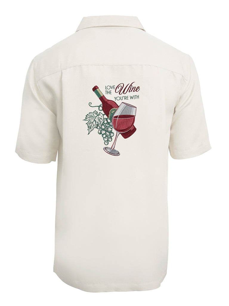 'Love the Wine You're With' Embroidered Short Sleeve Resort Hawaiian Shirt in Ivory by Weekender