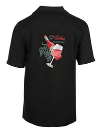 'Love the Wine You're With' Embroidered Short Sleeve Resort Hawaiian Shirt in Black by Weekender