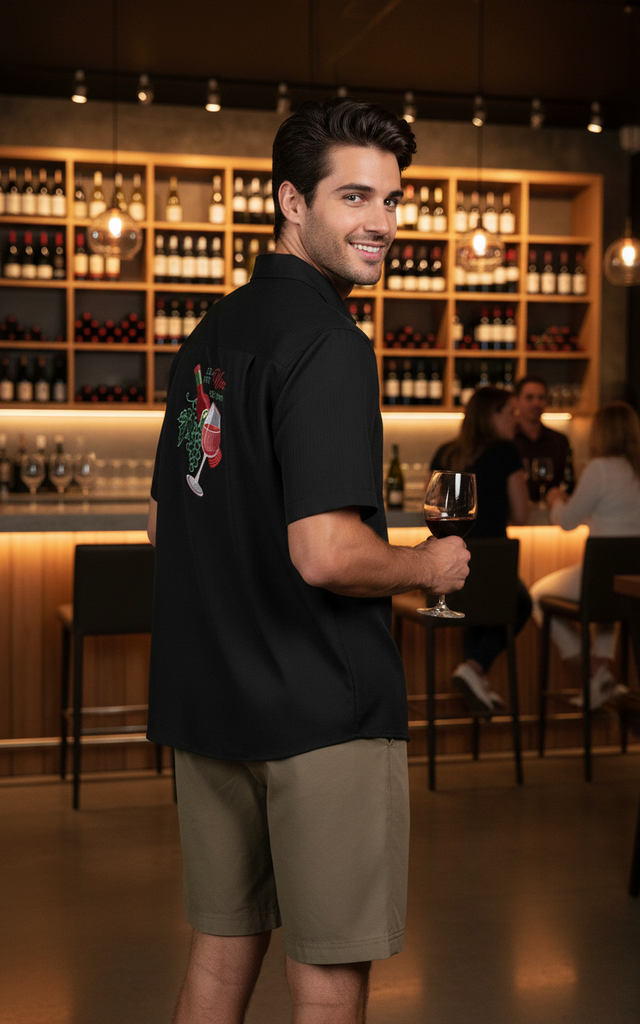 'Love the Wine You're With' Embroidered Short Sleeve Resort Hawaiian Shirt in Black by Weekender
