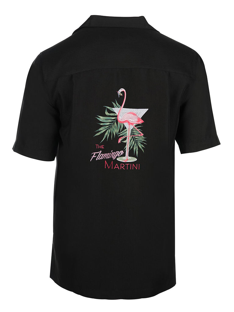 'Flamingo Martini' Embroidered Short Sleeve Resort Hawaiian Shirt in Black by Weekender