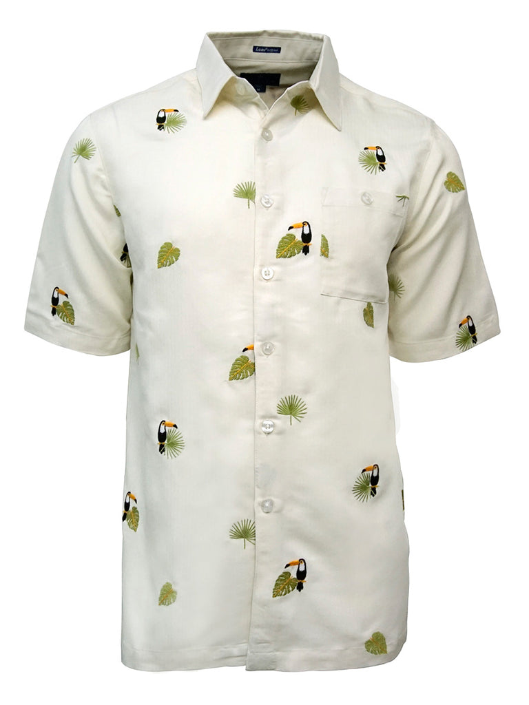 Toucan & Leaf Embroidered Short Sleeve Resort Hawaiian Shirt in Ivory by Weekender