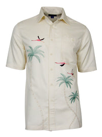 'Flamingo Coast' Embroidered Short Sleeve Resort Hawaiian Shirt in Ivory by Weekender