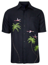 'Flamingo Coast' Embroidered Short Sleeve Resort Hawaiian Shirt in Black by Weekender