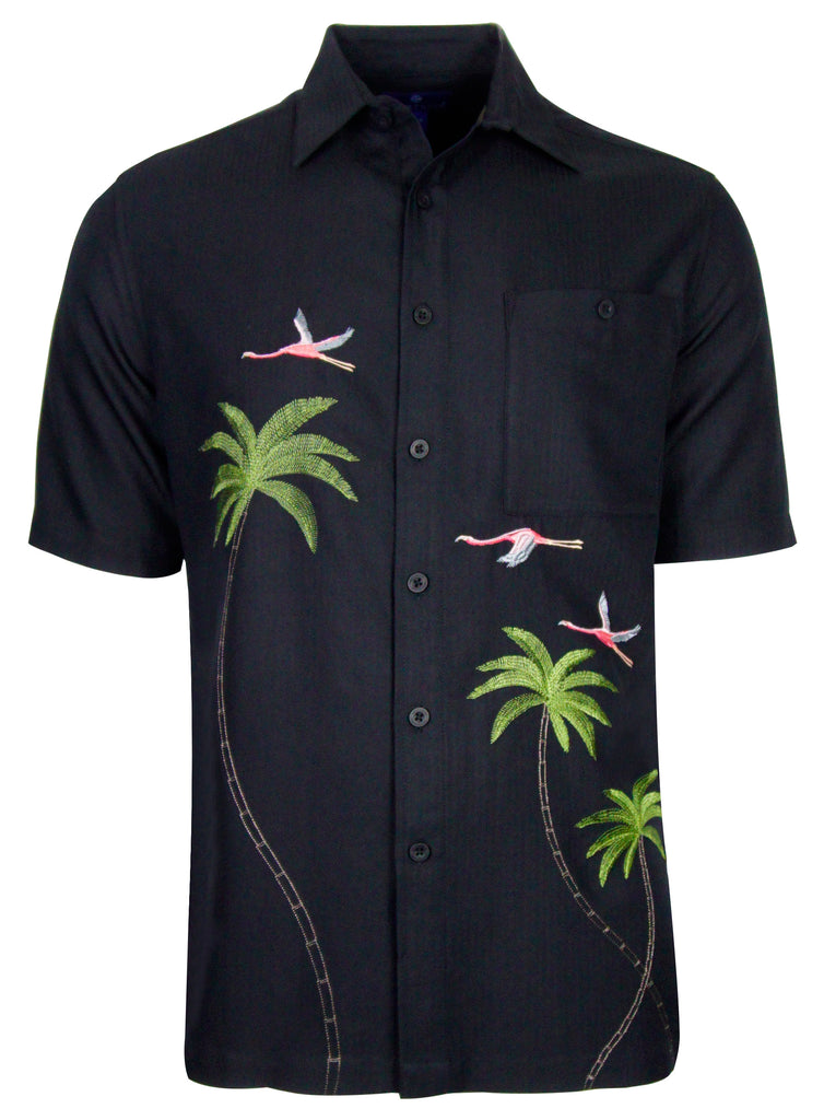 'Flamingo Coast' Embroidered Short Sleeve Resort Hawaiian Shirt in Black by Weekender
