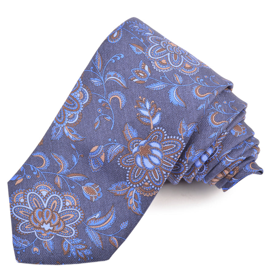 Navy, Mocha, and French Blue 'Full Blown Florals' Silk Printed Panama Tie by Dion Neckwear