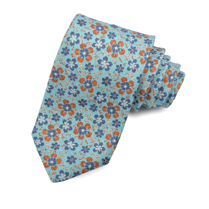 Tiffany Blue, Royal, and Orange 'Crosshatch Daisy' Silk Printed Panama Tie by Dion Neckwear