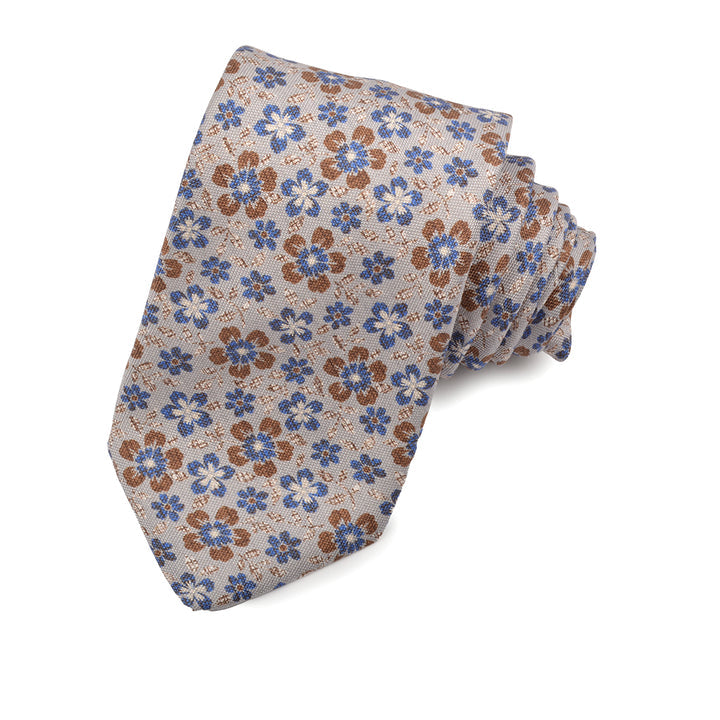 Grey, Royal, and Mocha 'Crosshatch Daisy' Silk Printed Panama Tie by Dion Neckwear