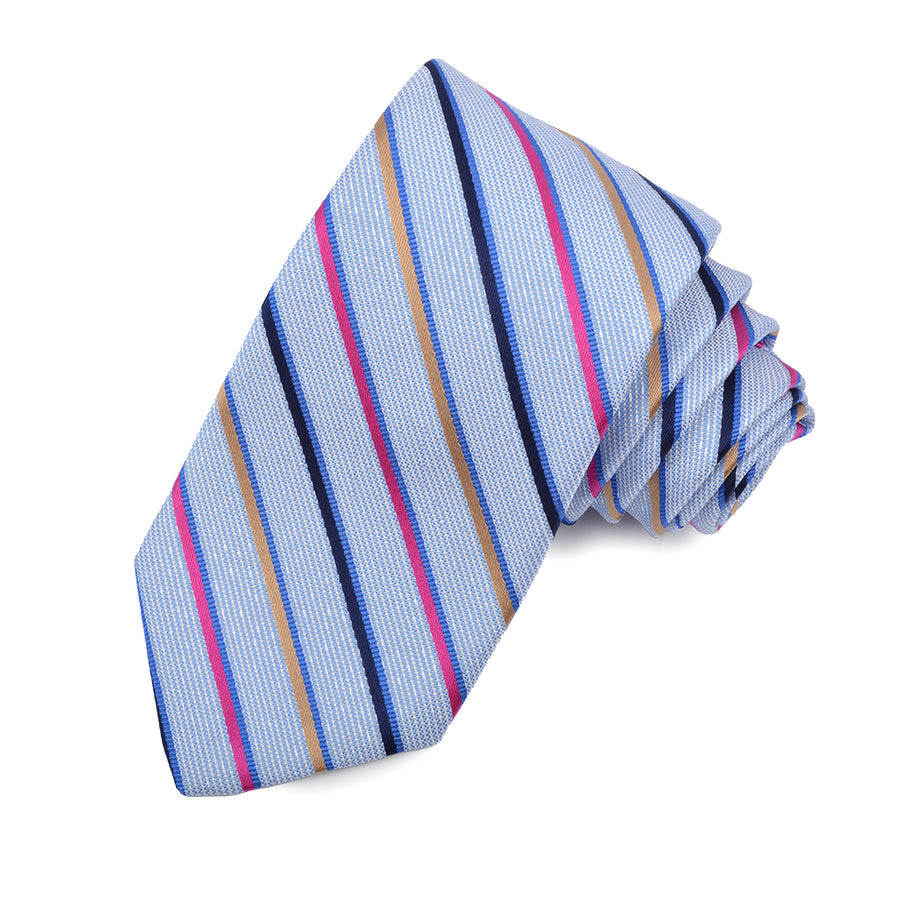 Sky, Pink, Tan, and Navy Faille and Satin Stripe Woven Silk Jacquard Tie by Dion Neckwear