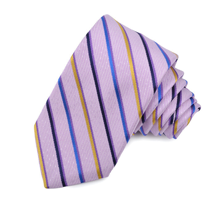Lilac, Gold, and Navy Faille and Satin Stripe Woven Silk Jacquard Tie by Dion Neckwear
