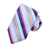 Sky, Berry, Tan and Navy Faille and Satin Stripe Woven Silk Jacquard Tie by Dion Neckwear