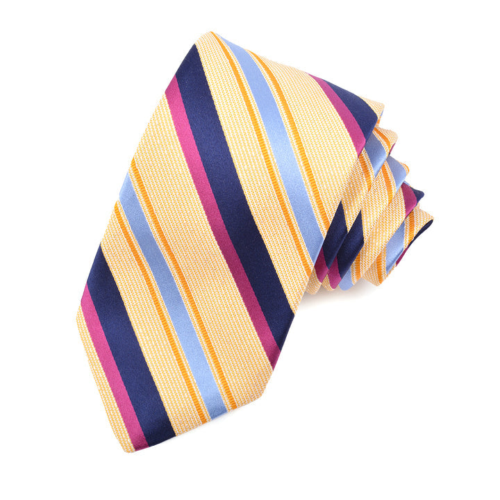 Yellow, Berry, Sky, and Navy Faille and Satin Stripe Woven Silk Jacquard Tie by Dion Neckwear