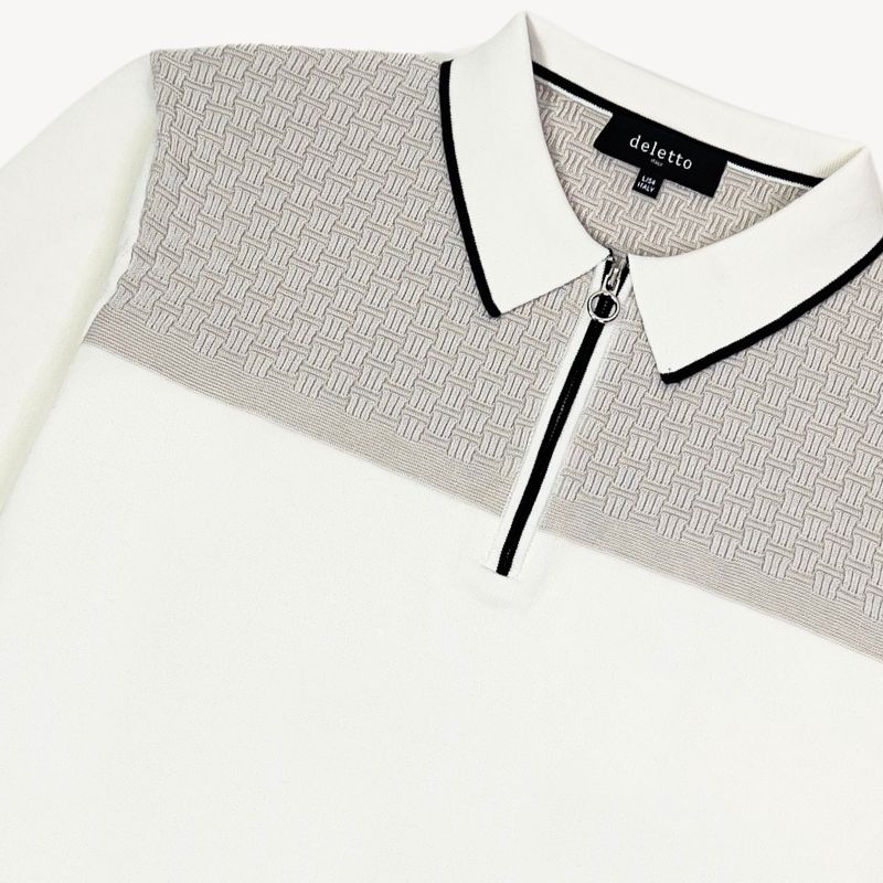Geometric Knit Pima Cotton Zip Polo in Off White and Sand by Deletto Italy