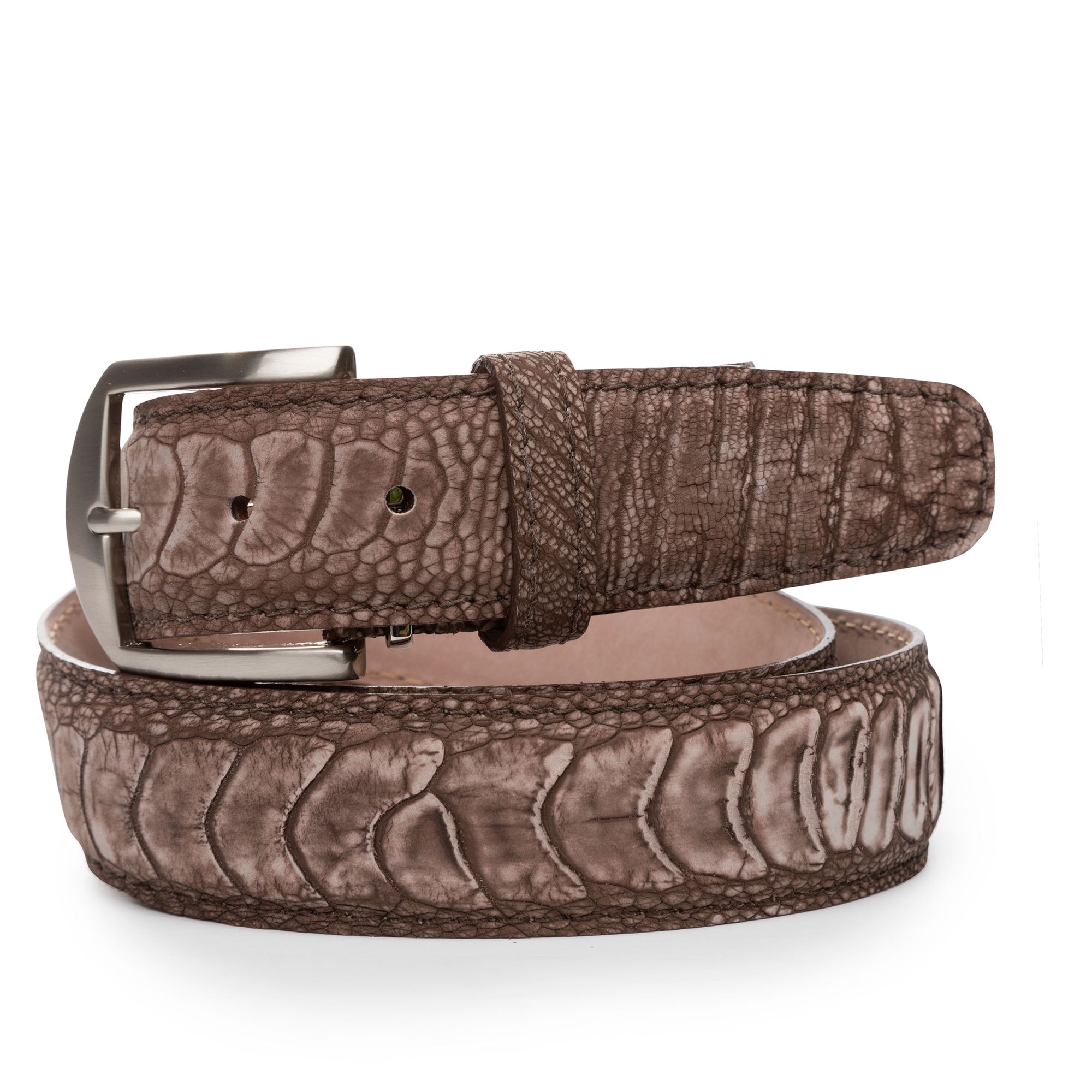 Stone Washed Genuine Ostrich Leg Belt in Mocha by L.E.N.