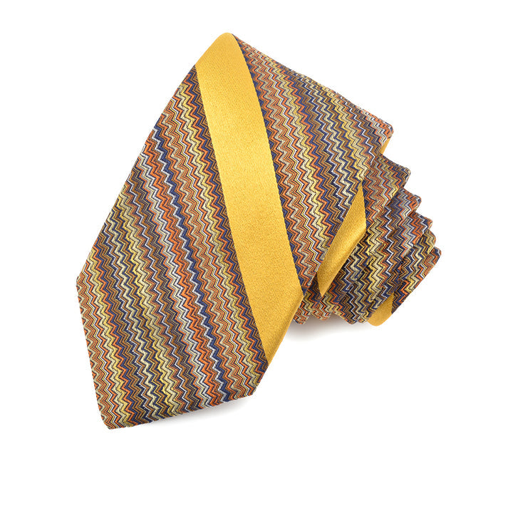 Gold, Tan, and Navy Missoni Wide Stripe Woven Jacquard Silk Tie by Dion Neckwear