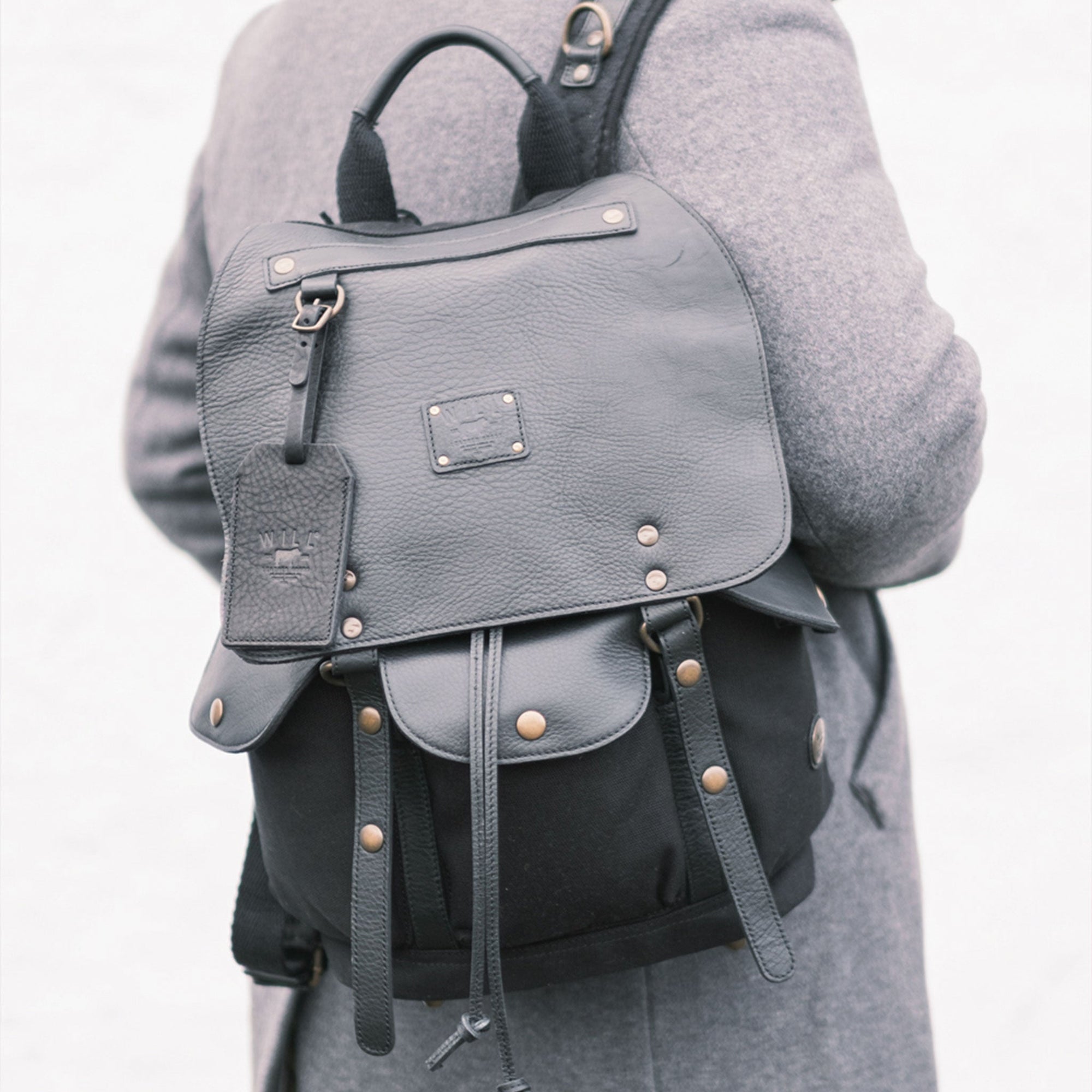 Lennon Canvas and Leather Backpack in Black with Black Leather by Will Leather Goods