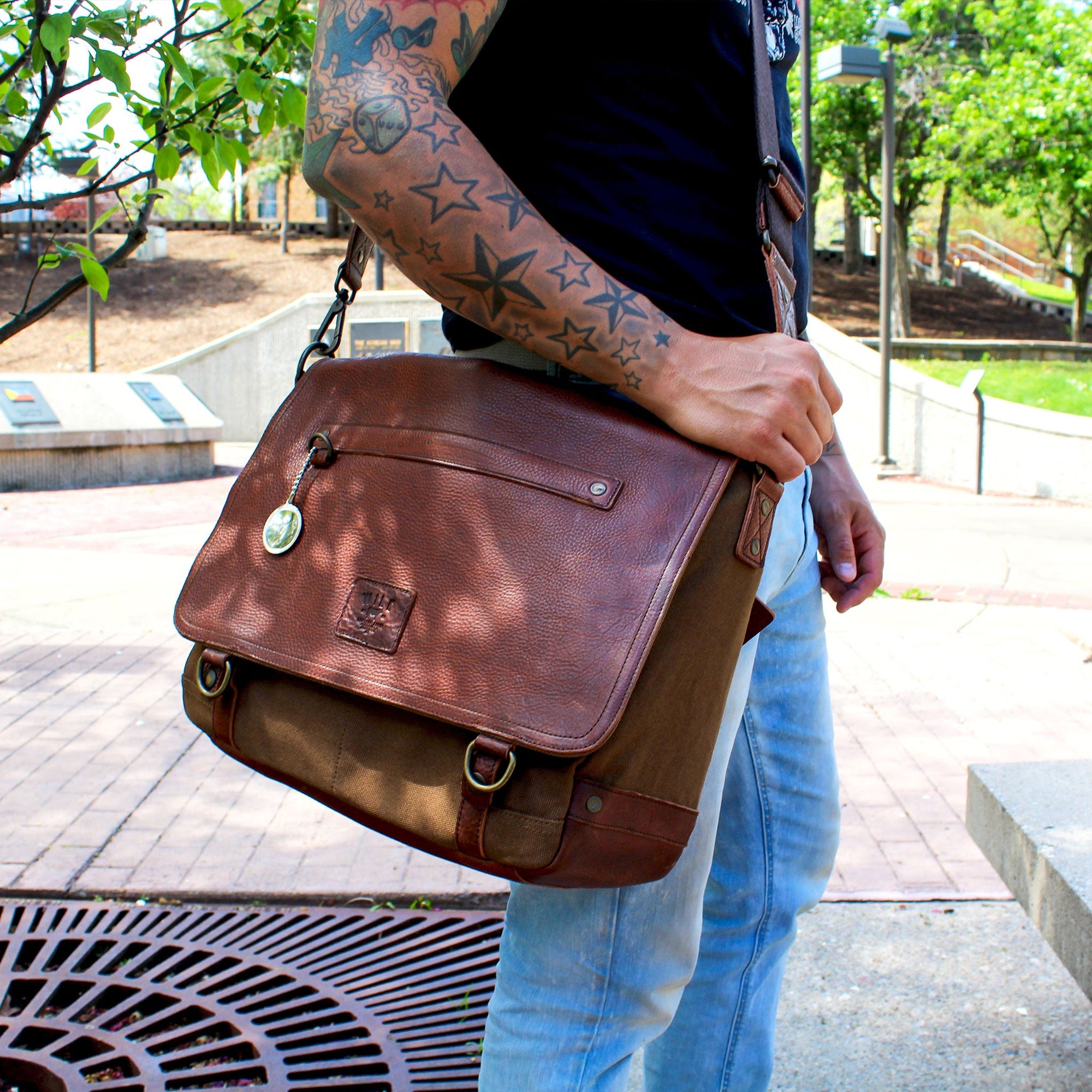 Wallace Canvas and Leather Messenger Bag in Tobacco with Saddle Brown Leather by Will Leather Goods