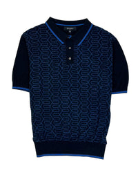Vanisé Knit Silk and Cotton Button-Neck Polo in Black and Blue by Deletto Italy
