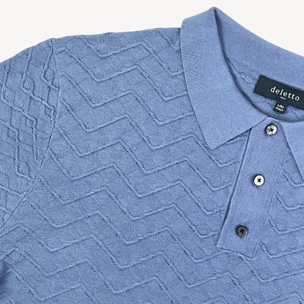 Pio Geometric Plated Knit Silk and Cotton Button-Neck Polo in Light Slate Blue by Deletto Italy