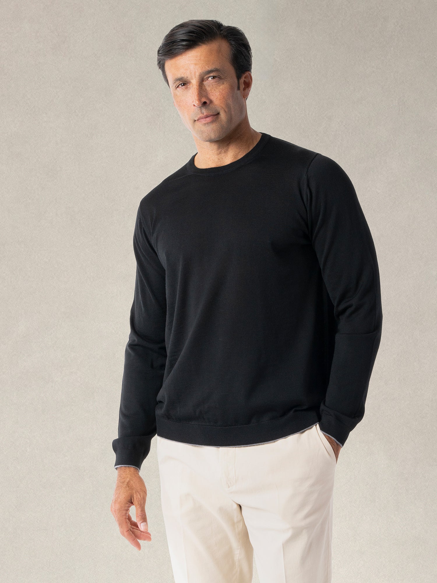 Keaton Merino Wool Crewneck Sweater in Black with Grey Tipping by Robert Talbott