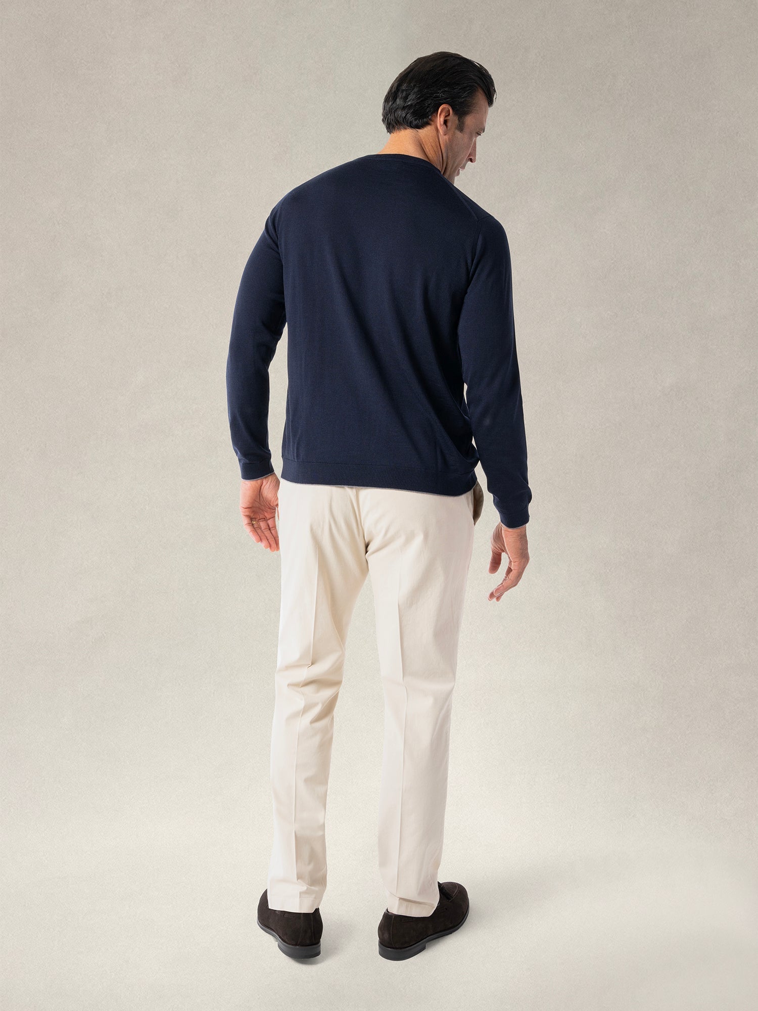 Keaton Merino Wool Crewneck Sweater in Navy with Grey Tipping by Robert Talbott