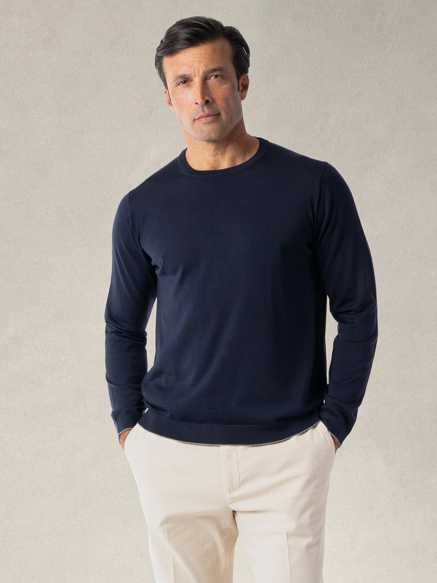 Keaton Merino Wool Crewneck Sweater in Navy with Grey Tipping by Robert Talbott