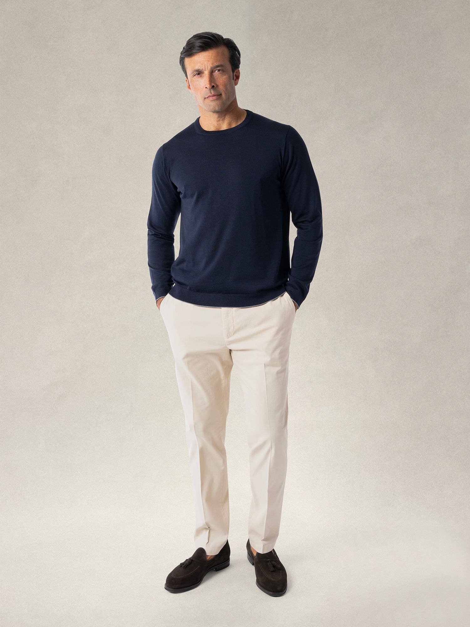 Keaton Merino Wool Crewneck Sweater in Navy with Grey Tipping by Robert Talbott