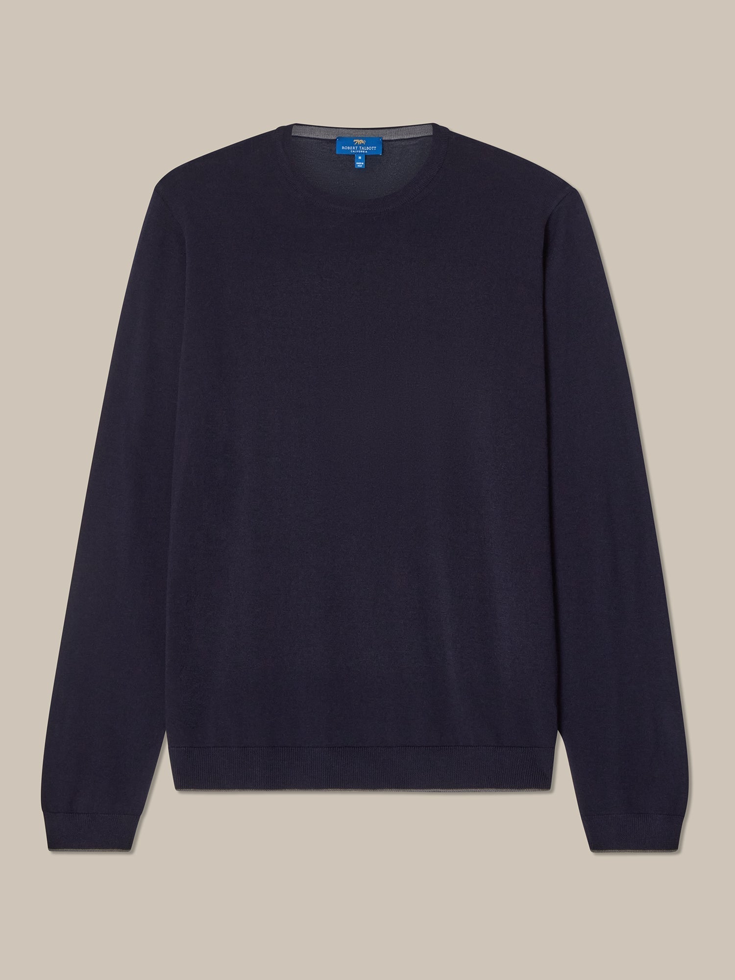 Keaton Merino Wool Crewneck Sweater in Navy with Grey Tipping by Robert Talbott
