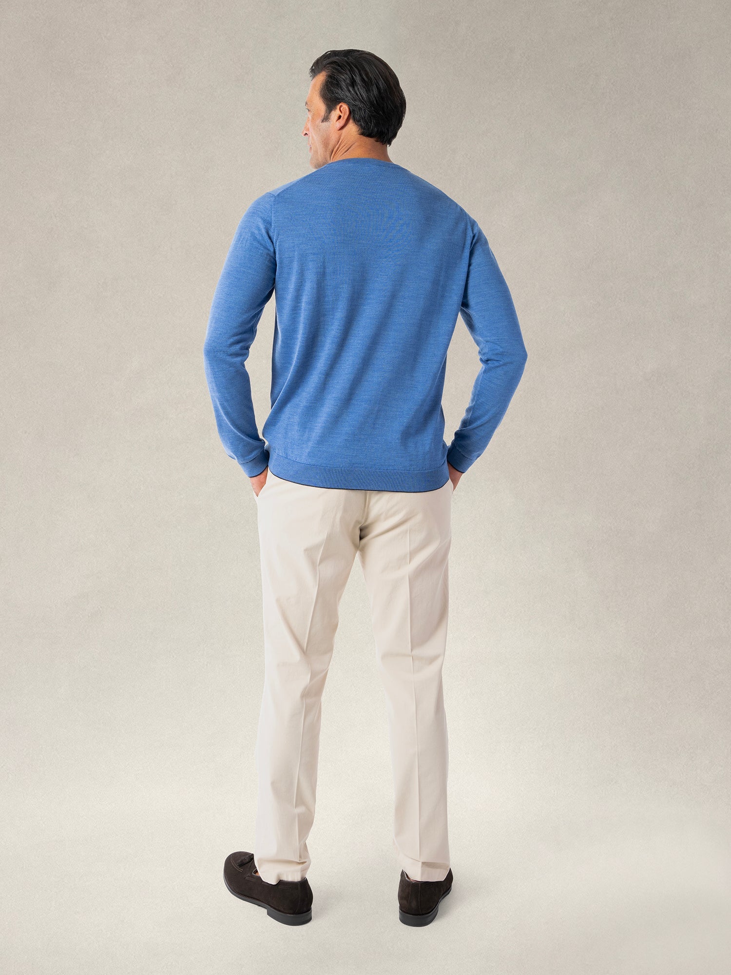 Keaton Merino Wool Crewneck Sweater in Blue with Navy Tipping by Robert Talbott
