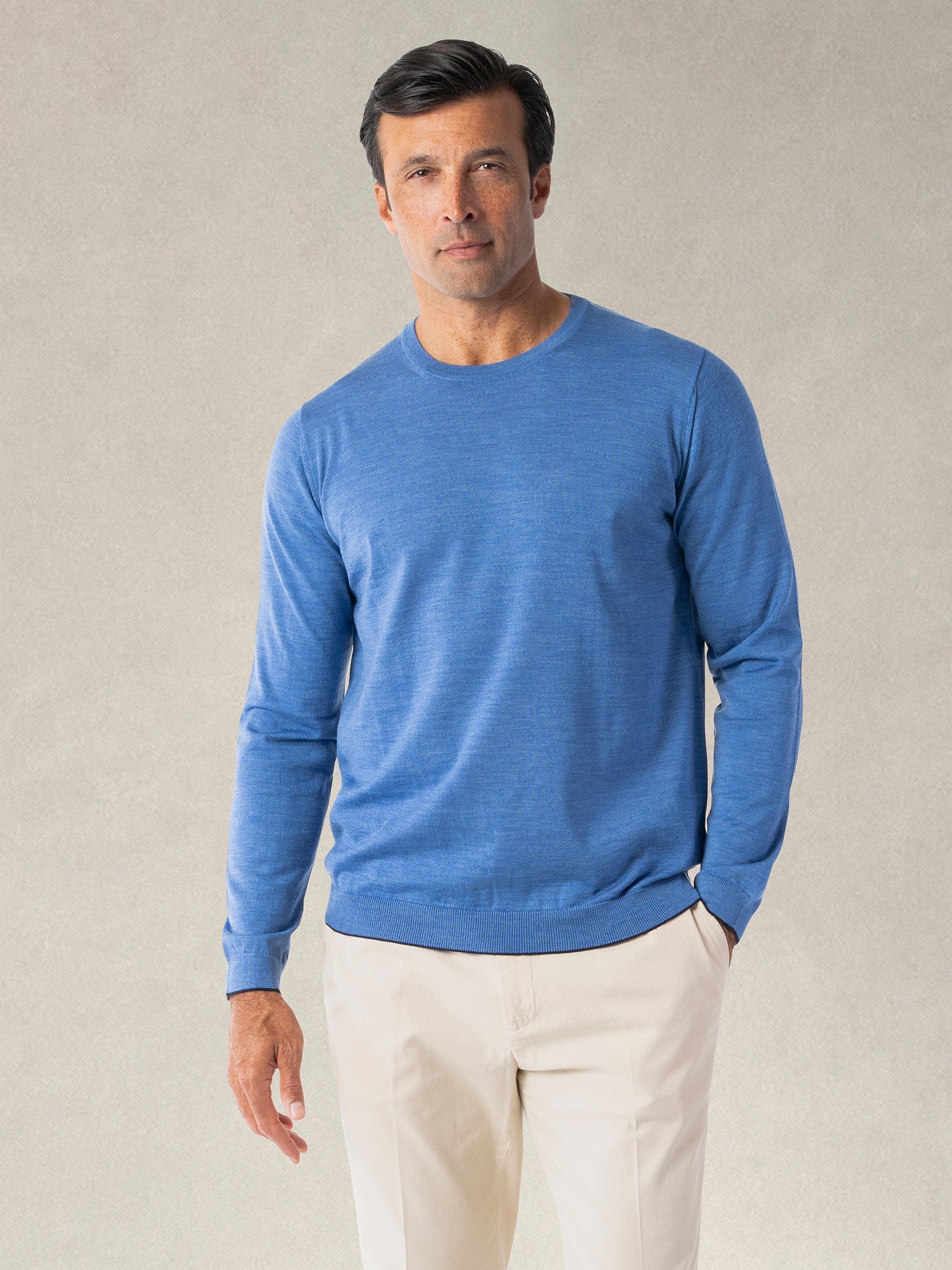 Keaton Merino Wool Crewneck Sweater in Blue with Navy Tipping by Robert Talbott