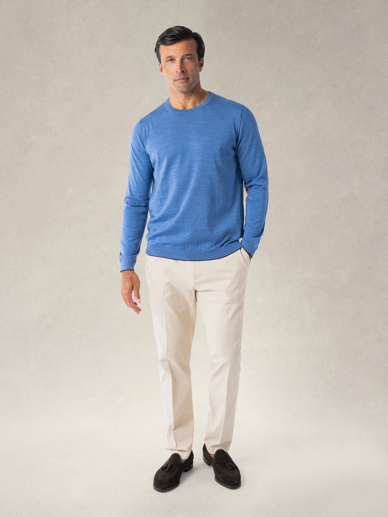 Keaton Merino Wool Crewneck Sweater in Blue with Navy Tipping by Robert Talbott