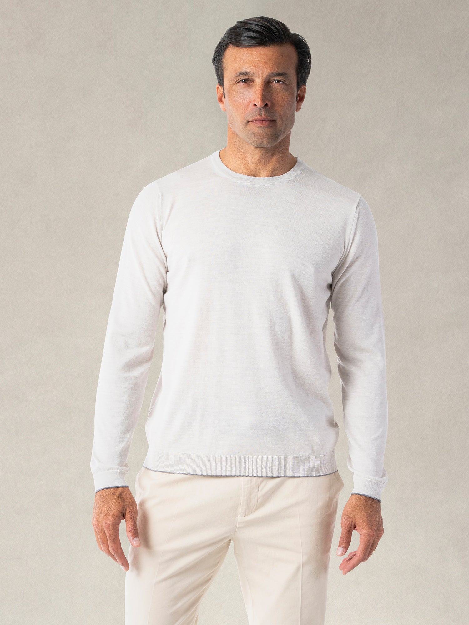 Keaton Merino Wool Crewneck Sweater in Oatmeal with Grey Tipping by Robert Talbott