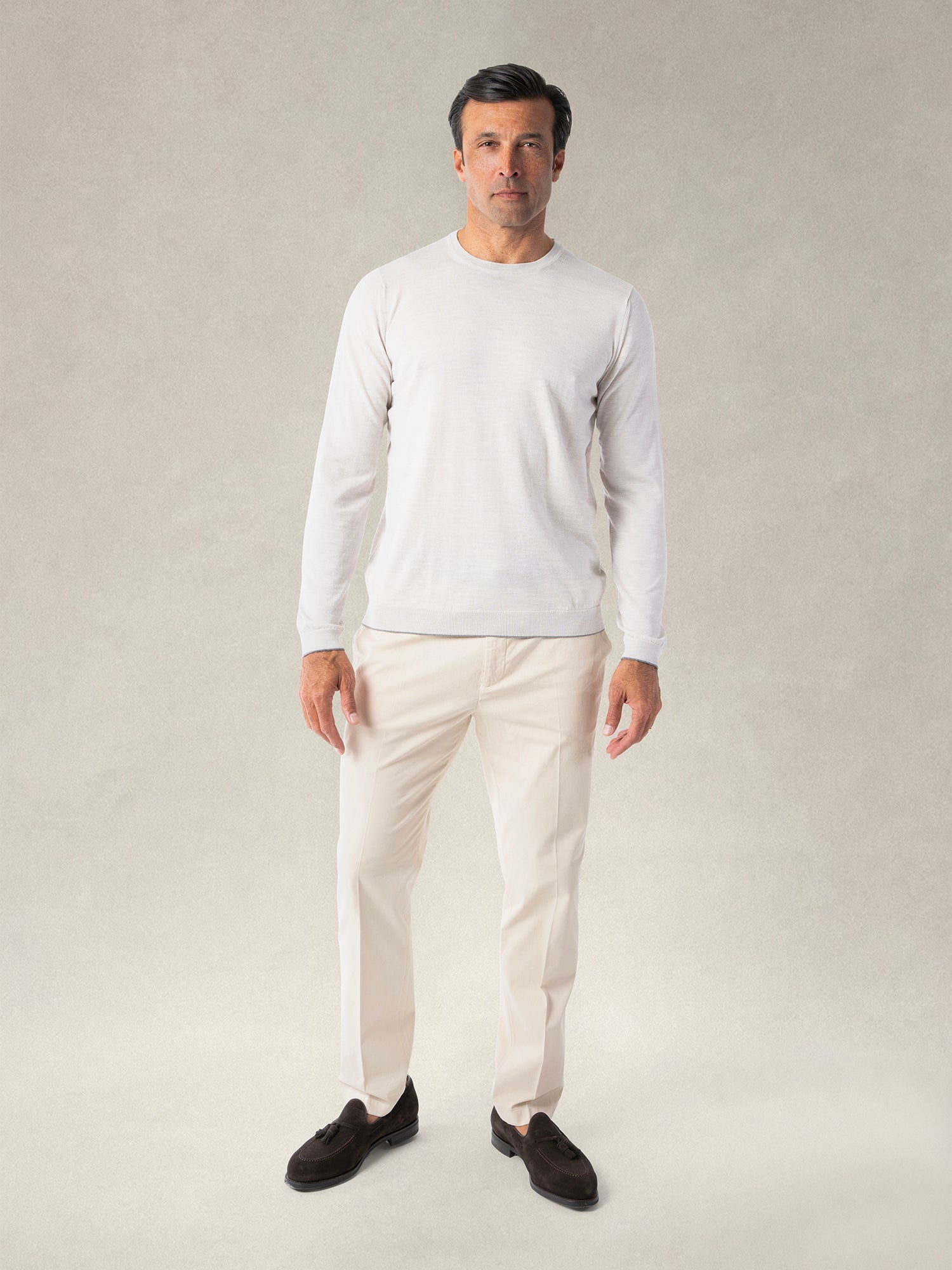 Keaton Merino Wool Crewneck Sweater in Oatmeal with Grey Tipping by Robert Talbott
