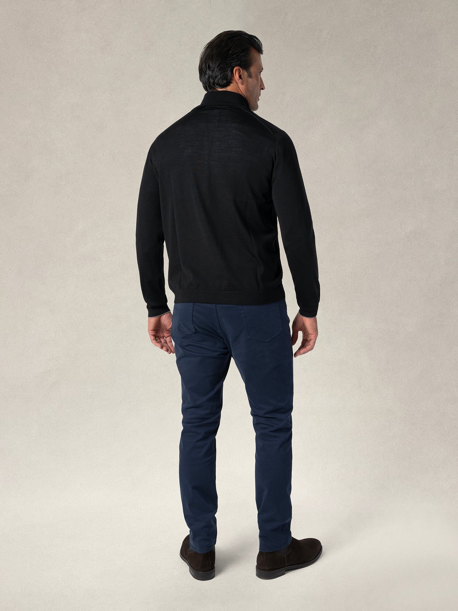 Eastwood Merino Wool Quarter Zip Sweater in Black with Grey Tipping by Robert Talbott