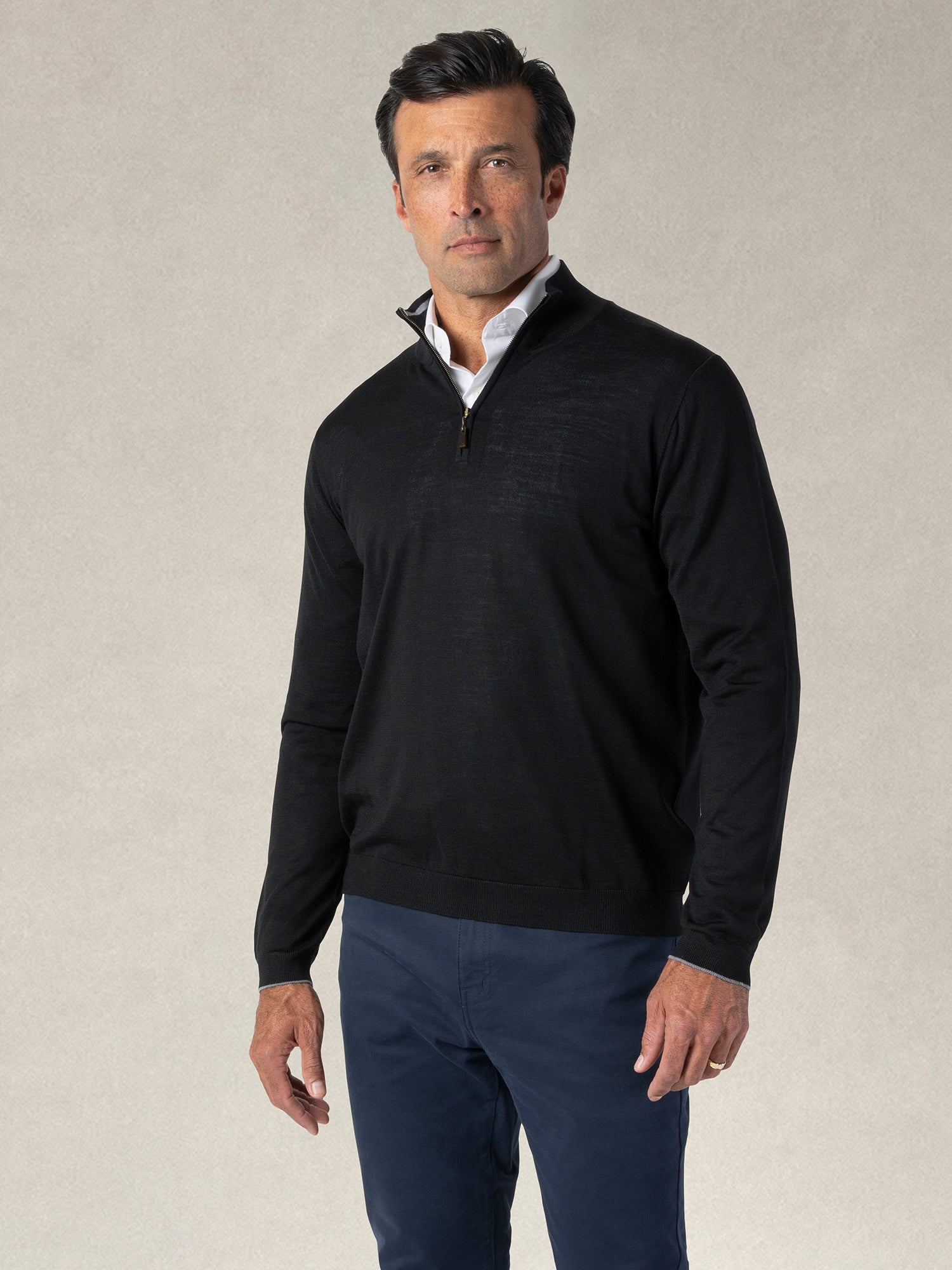 Eastwood Merino Wool Quarter Zip Sweater in Black with Grey Tipping by Robert Talbott