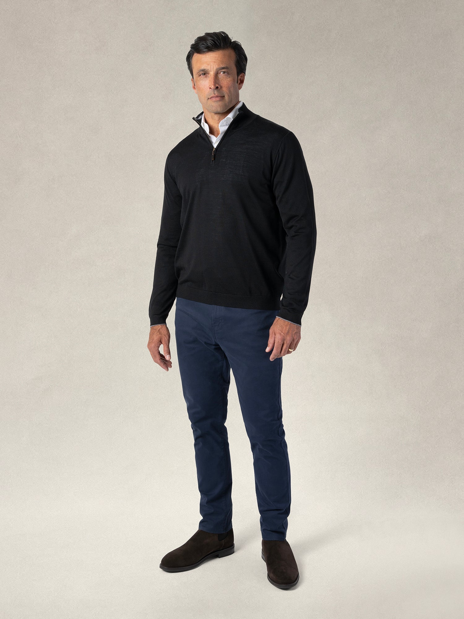 Eastwood Merino Wool Quarter Zip Sweater in Black with Grey Tipping by Robert Talbott