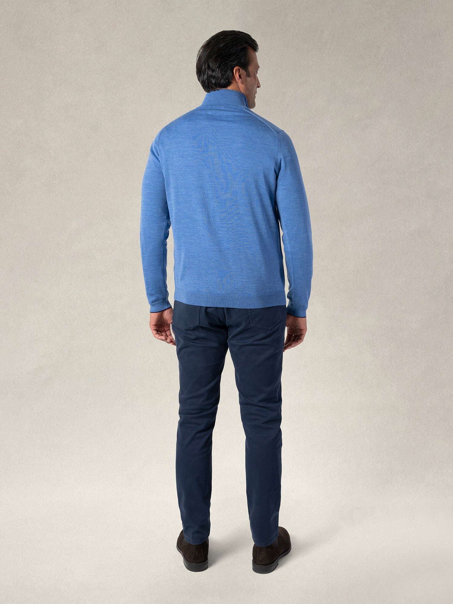 Eastwood Merino Wool Quarter Zip Sweater in Blue with Navy Tipping by Robert Talbott