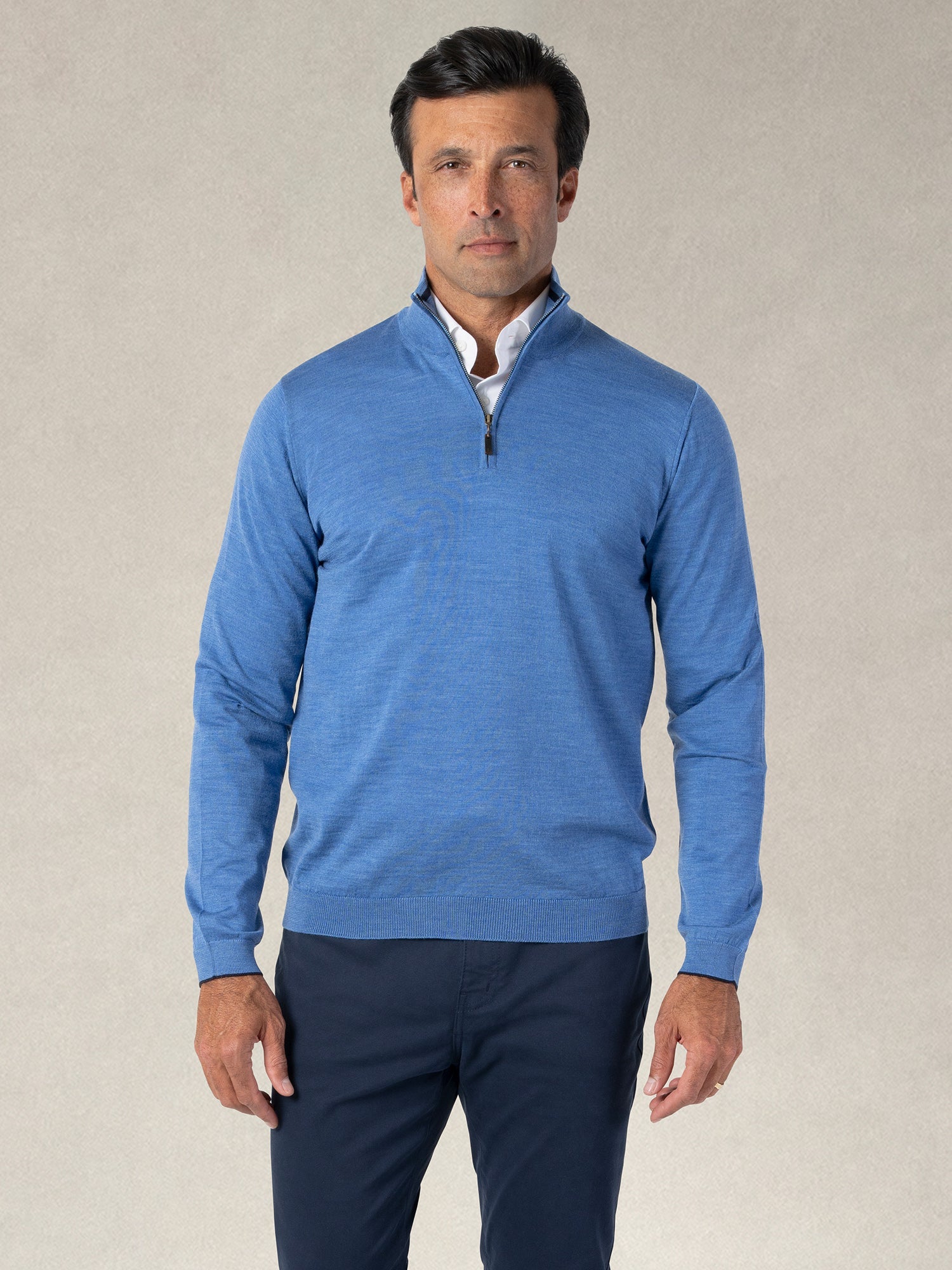 Eastwood Merino Wool Quarter Zip Sweater in Blue with Navy Tipping by Robert Talbott