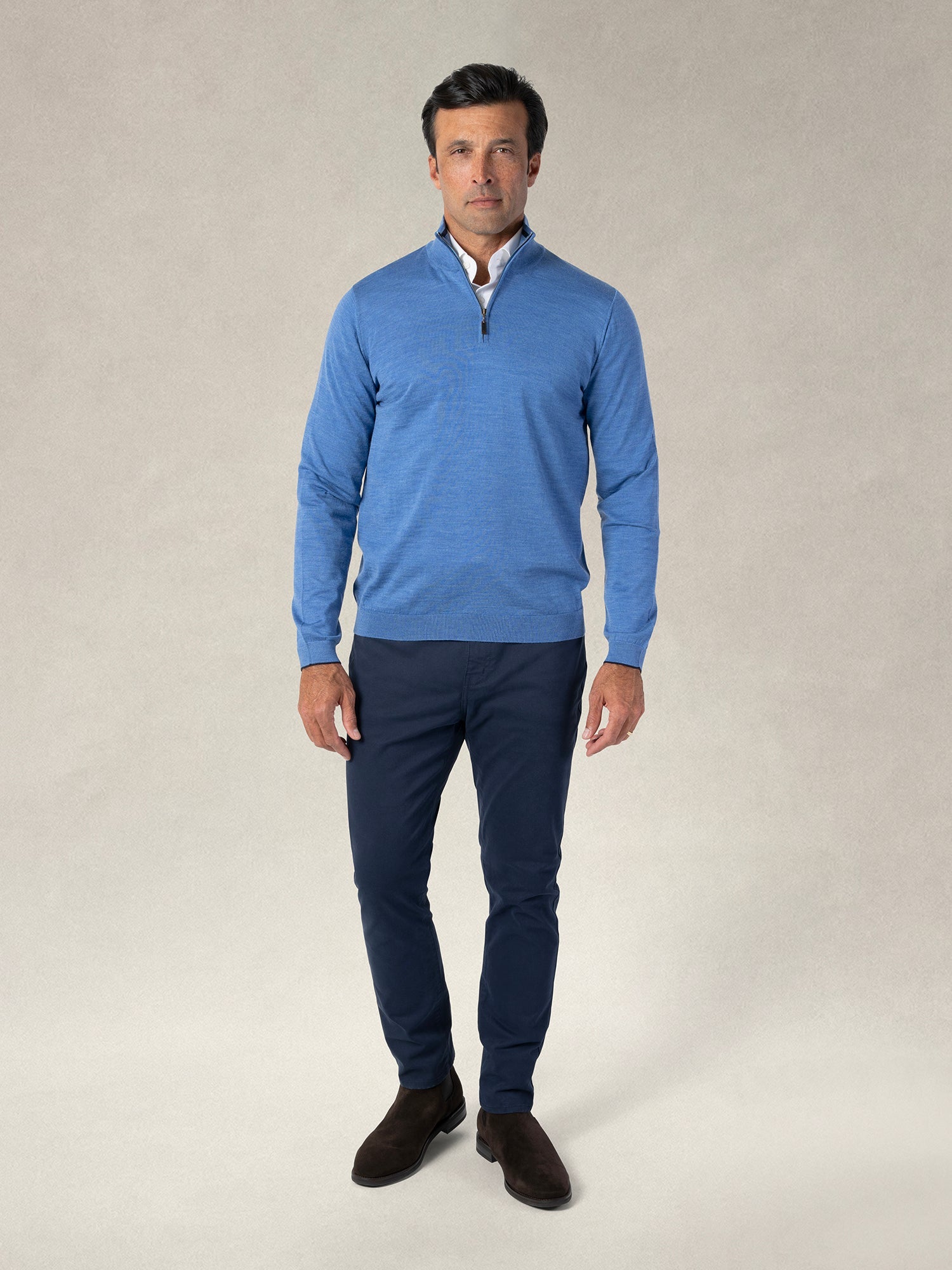 Eastwood Merino Wool Quarter Zip Sweater in Blue with Navy Tipping by Robert Talbott