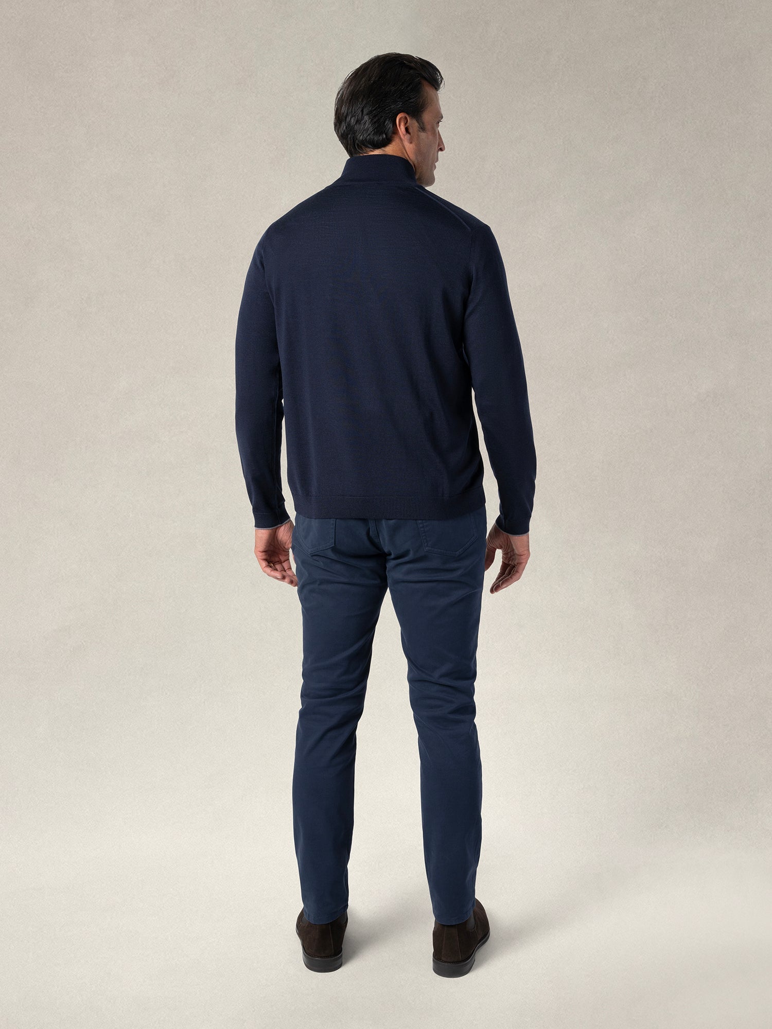 Eastwood Merino Wool Quarter Zip Sweater in Navy with Grey Tipping by Robert Talbott