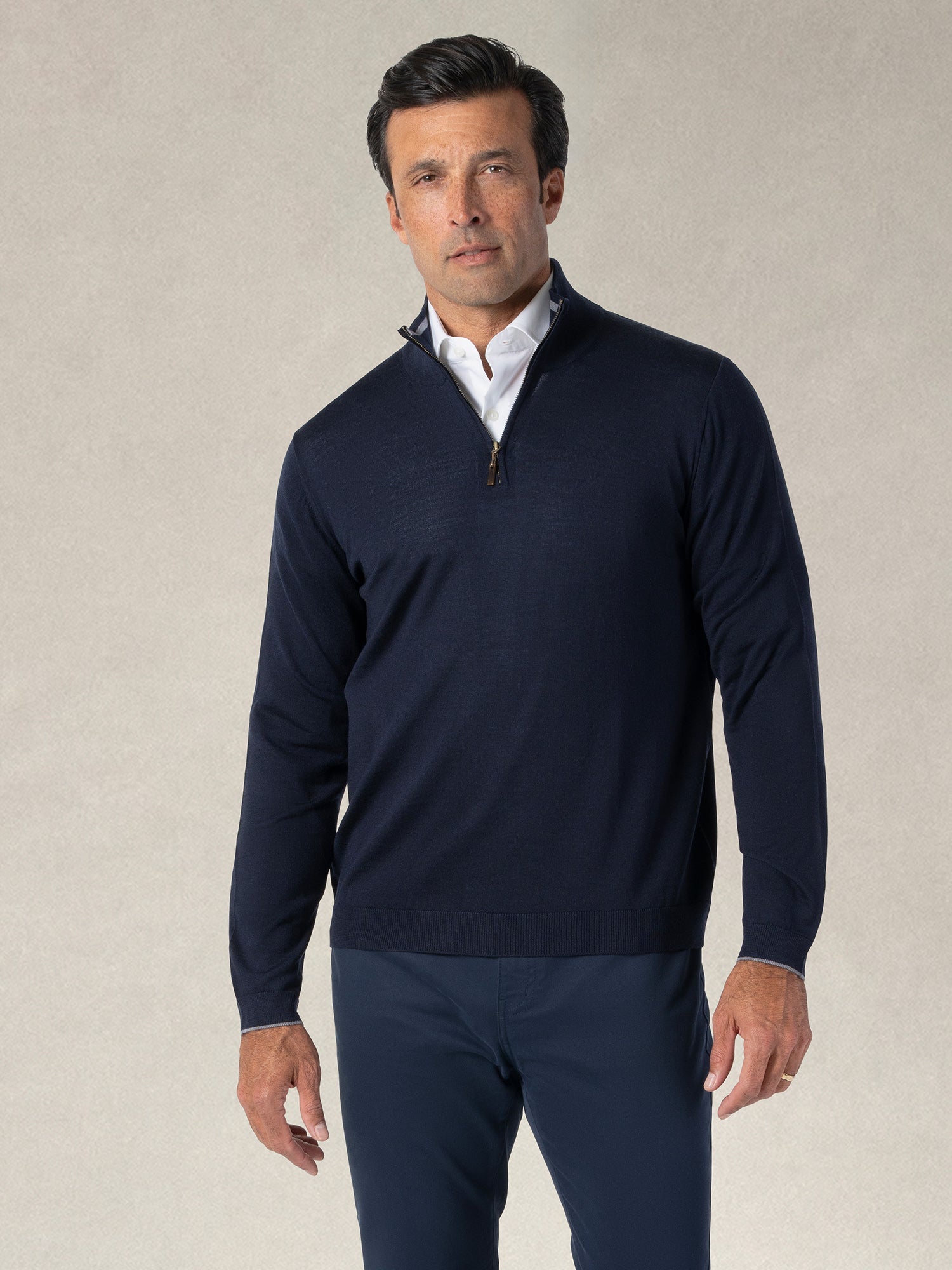 Eastwood Merino Wool Quarter Zip Sweater in Navy with Grey Tipping by Robert Talbott