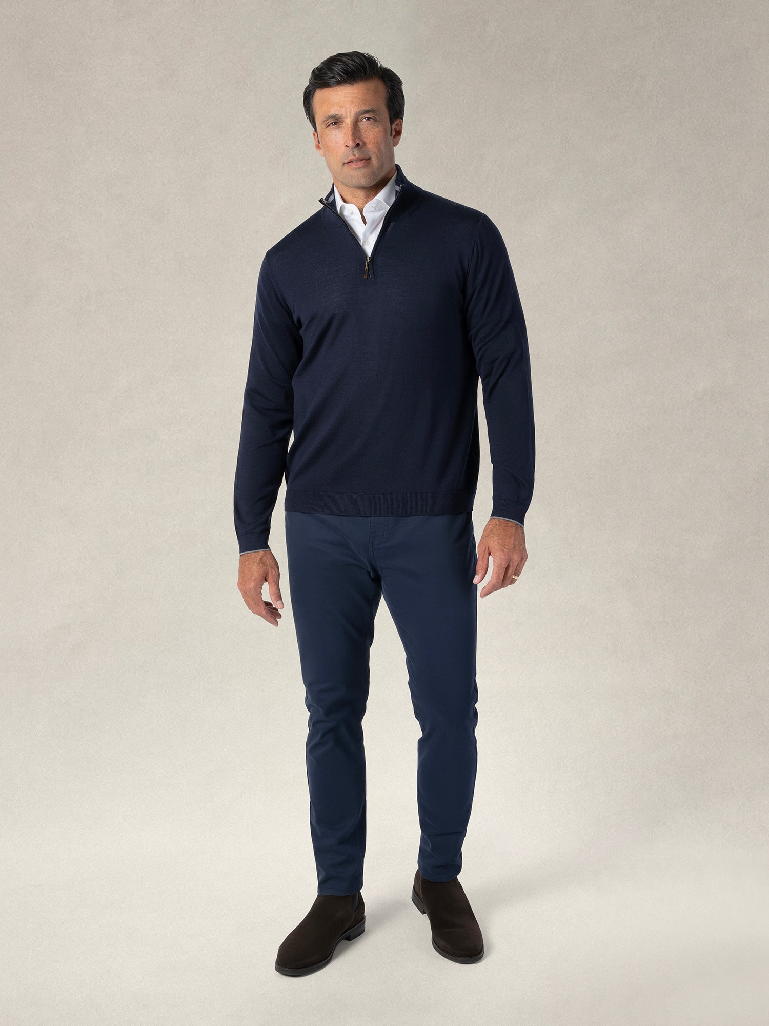 Eastwood Merino Wool Quarter Zip Sweater in Navy with Grey Tipping by Robert Talbott